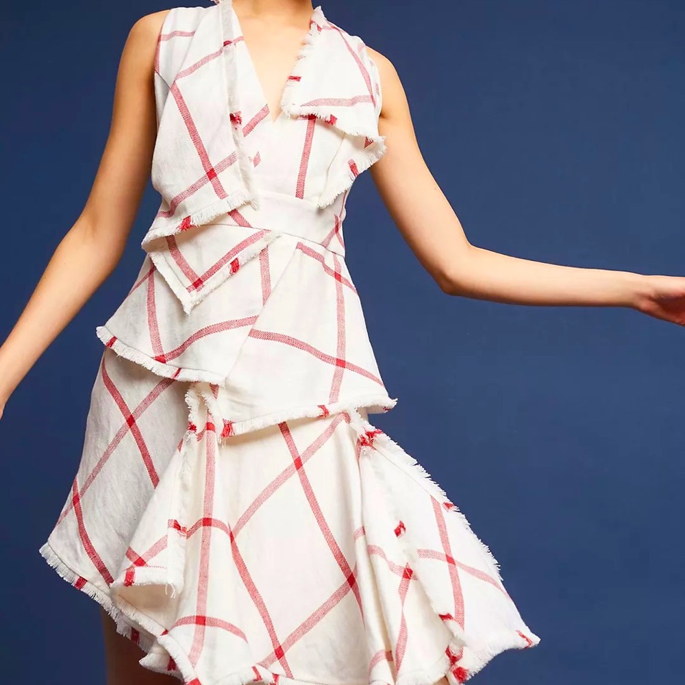 Anthropologie Acler Plaid Linen Dress, size Small, Cream and Red